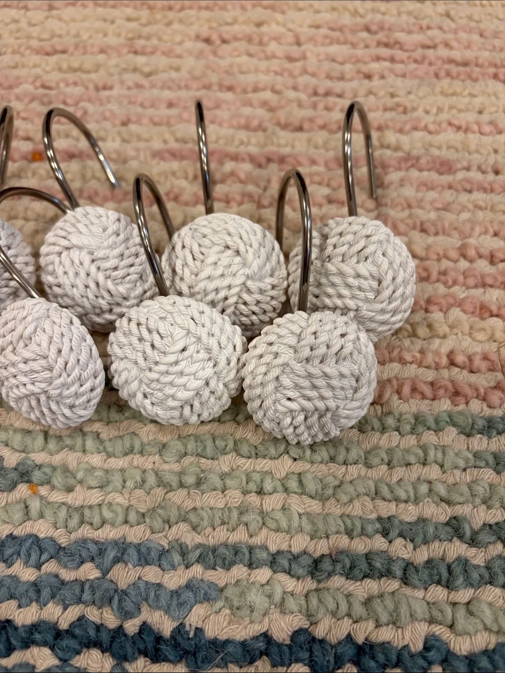 White Braided Rope Shower Curtain Hooks - Set of 12